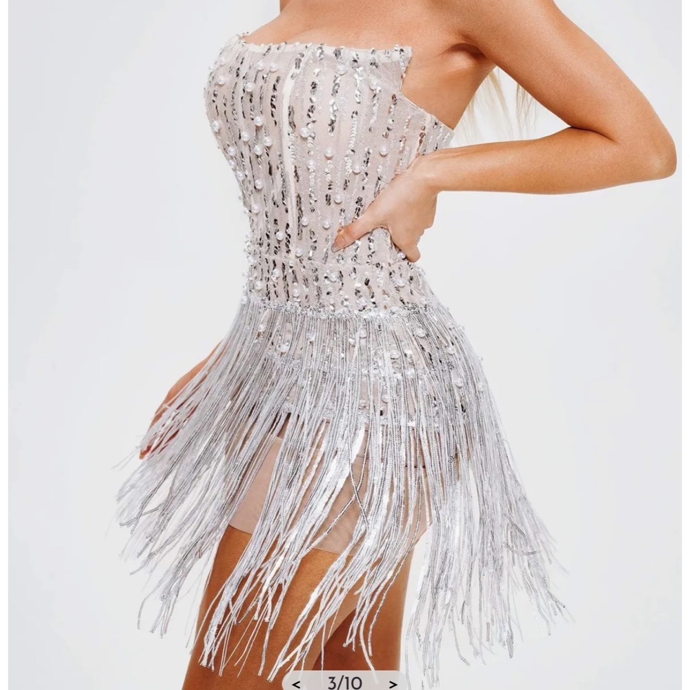 White nude silver sequine perals strapless mini corset dress
